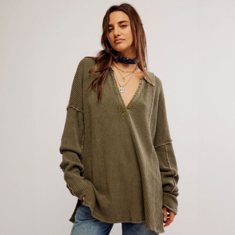 Free People Travis Tunic Polo Top Waffle Knit Thermal Green Oversized Lounge M